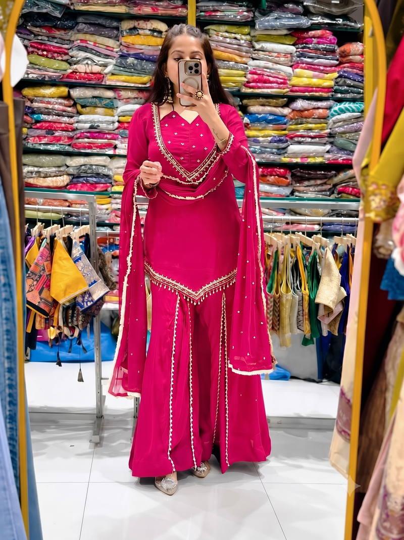 Orange mirror work short kurti with sharara pants and dupatta set for women