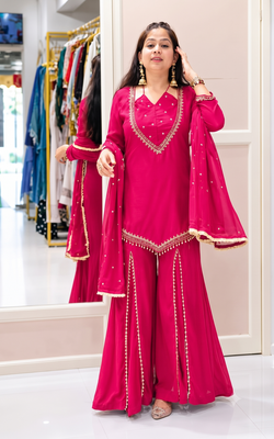 Orange mirror work short kurti with sharara pants and dupatta set for women 2