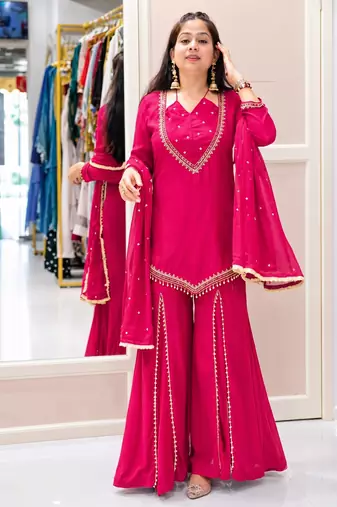 Orange mirror work short kurti with sharara pants and dupatta set for women