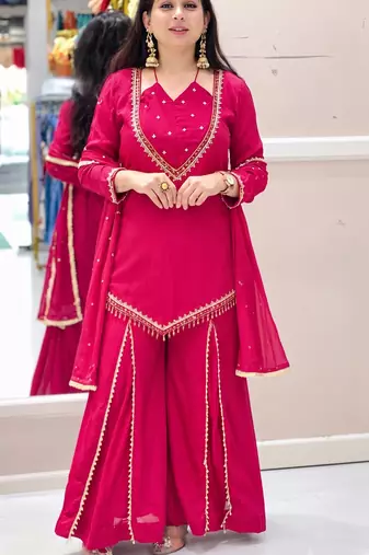 Orange mirror work short kurti with sharara pants and dupatta set for women