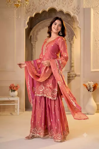 Dusty rose silk embroidered kurti with sharara and dupatta set