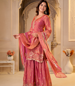 Dusty rose silk embroidered kurti with sharara and dupatta set