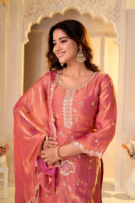 Dusty rose silk embroidered kurti with sharara and dupatta set 2
