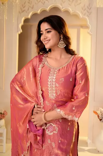 Dusty rose silk embroidered kurti with sharara and dupatta set