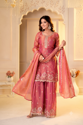 Dusty rose silk embroidered kurti with sharara and dupatta set 3