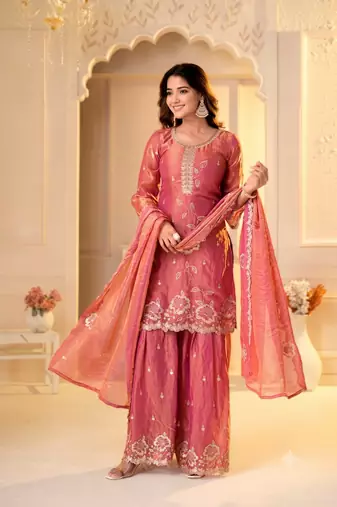 Dusty rose silk embroidered kurti with sharara and dupatta set