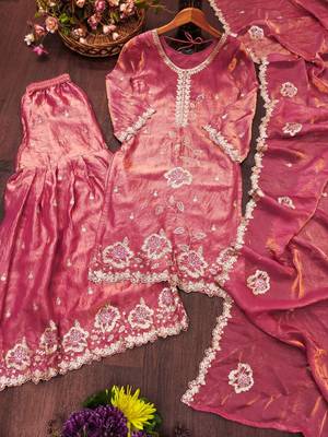 Dusty rose silk embroidered kurti with sharara and dupatta set 4