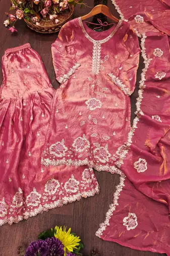 Dusty rose silk embroidered kurti with sharara and dupatta set