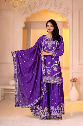 Trendy purple heavy embroidery kurti sharara set with scalloped dupatta
