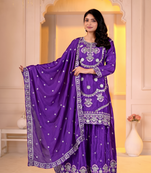 Trendy purple heavy embroidery kurti sharara set with scalloped dupatta