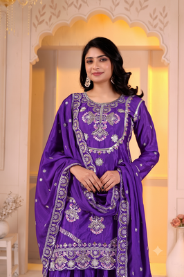 Trendy purple heavy embroidery kurti sharara set with scalloped dupatta 2
