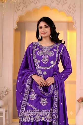 Trendy purple heavy embroidery kurti sharara set with scalloped dupatta
