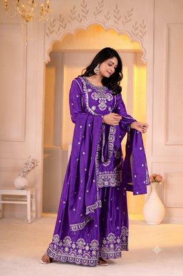 Trendy purple heavy embroidery kurti sharara set with scalloped dupatta 3