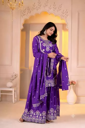 Trendy purple heavy embroidery kurti sharara set with scalloped dupatta