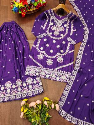 Trendy purple heavy embroidery kurti sharara set with scalloped dupatta 4
