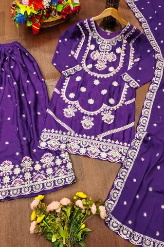 Trendy purple heavy embroidery kurti sharara set with scalloped dupatta