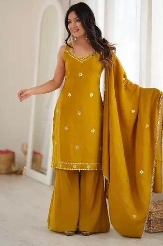 Women's mustard yellow embroidered kurti sharara set with dupatta
