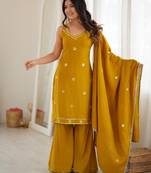 Women's mustard yellow embroidered kurti sharara set with dupatta