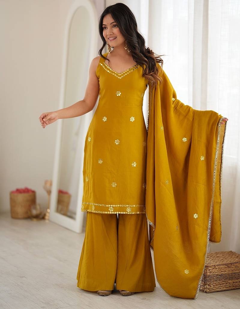Women's mustard yellow embroidered kurti sharara set with dupatta
