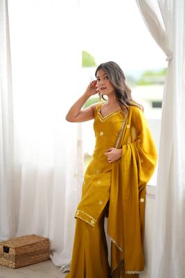 Women's mustard yellow embroidered kurti sharara set with dupatta 2