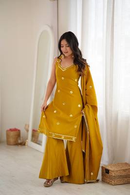 Women's mustard yellow embroidered kurti sharara set with dupatta 3
