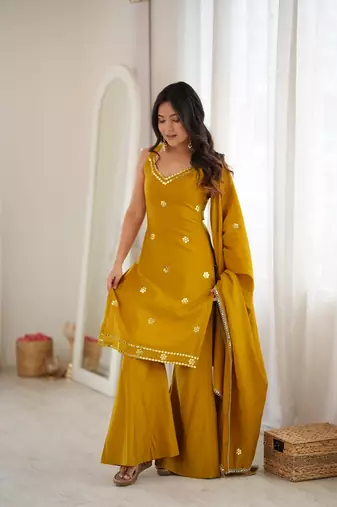Women's mustard yellow embroidered kurti sharara set with dupatta