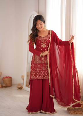 Red colour ready to wear heavy embroidered kurti sharara set with dupatta 1