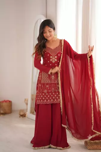 Red colour ready to wear heavy embroidered kurti sharara set with dupatta