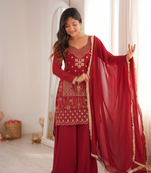 Red colour ready to wear heavy embroidered kurti sharara set with dupatta