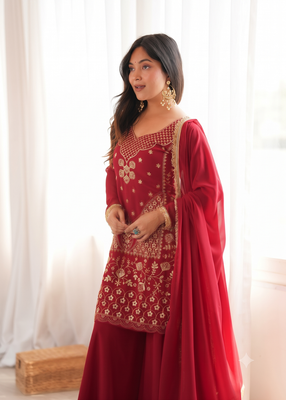 Red colour ready to wear heavy embroidered kurti sharara set with dupatta 2