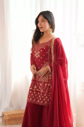 Red colour ready to wear heavy embroidered kurti sharara set with dupatta