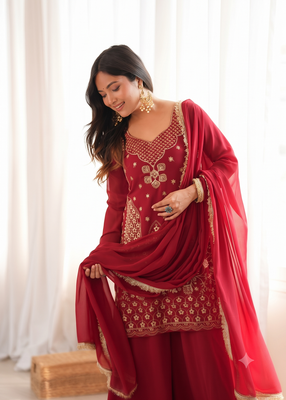 Red colour ready to wear heavy embroidered kurti sharara set with dupatta 3