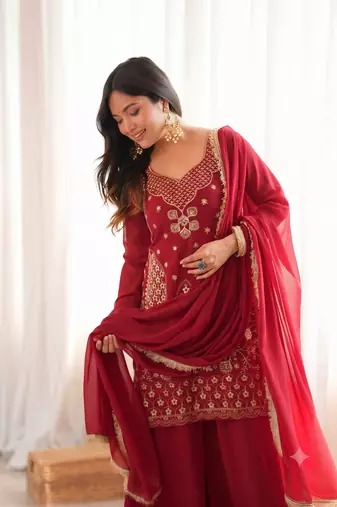 Red colour ready to wear heavy embroidered kurti sharara set with dupatta