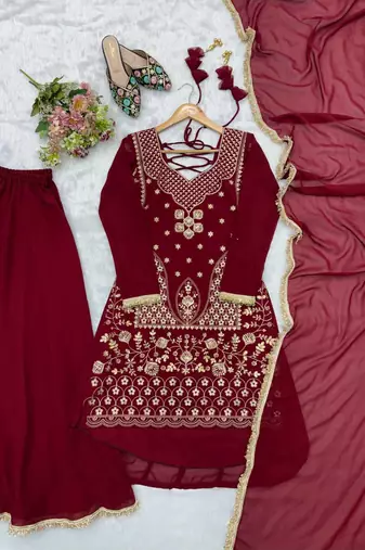 Red colour ready to wear heavy embroidered kurti sharara set with dupatta