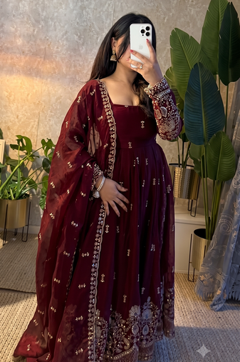 Designer maroon heavy embroidered anarkali kurta set with dupatta & pant