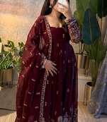 Designer maroon heavy embroidered anarkali kurta set with dupatta & pant