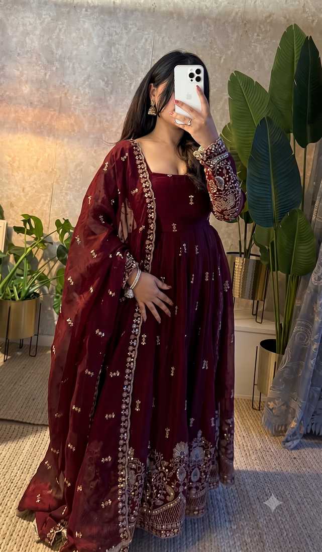 Designer maroon heavy embroidered anarkali kurta set with dupatta & pant
