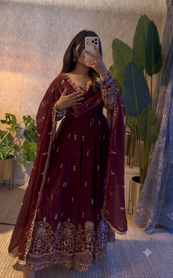 Designer maroon heavy embroidered anarkali kurta set with dupatta & pant 2