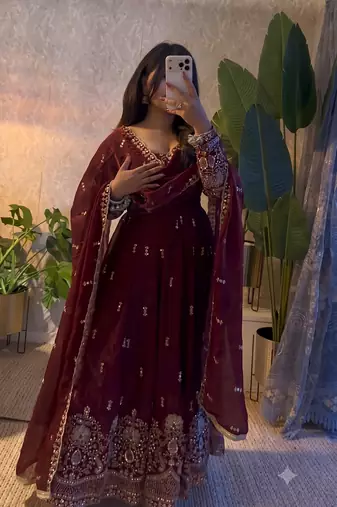 Designer maroon heavy embroidered anarkali kurta set with dupatta & pant