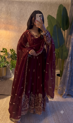Designer maroon heavy embroidered anarkali kurta set with dupatta & pant 3