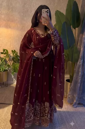Designer maroon heavy embroidered anarkali kurta set with dupatta & pant