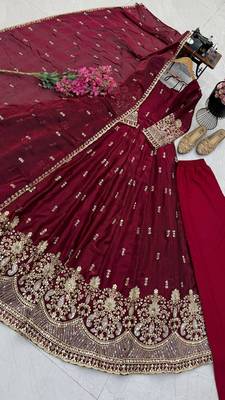 Designer maroon heavy embroidered anarkali kurta set with dupatta & pant 4