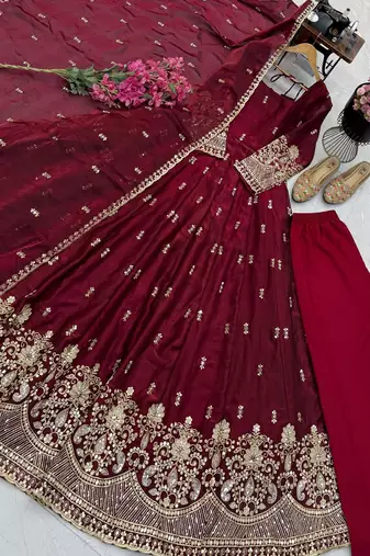 Designer maroon heavy embroidered anarkali kurta set with dupatta & pant