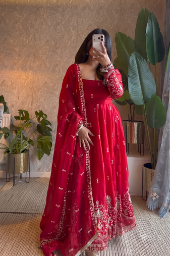 Designer red heavy embroidered anarkali kurta set with dupatta & pant