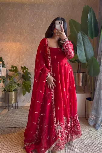 Designer red heavy embroidered anarkali kurta set with dupatta & pant