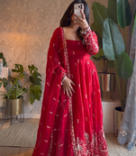 Designer red heavy embroidered anarkali kurta set with dupatta & pant