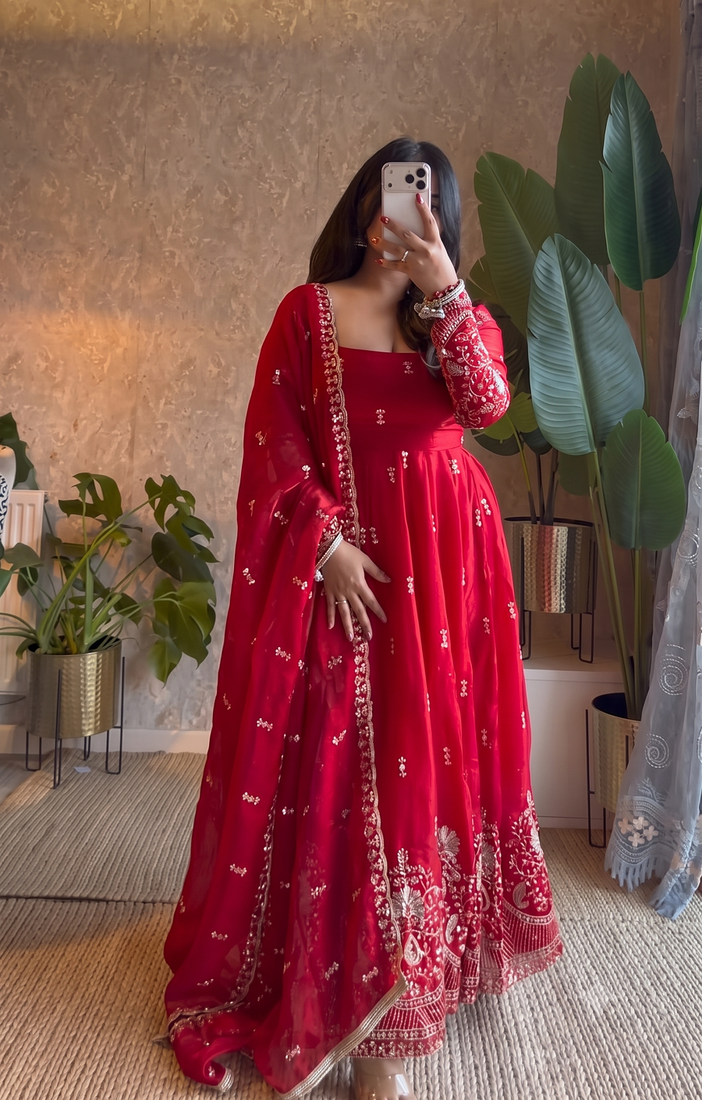 Designer red heavy embroidered anarkali kurta set with dupatta & pant