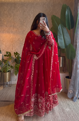 Designer red heavy embroidered anarkali kurta set with dupatta & pant 2
