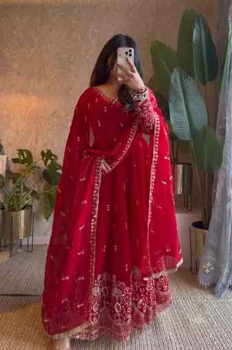 Designer red heavy embroidered anarkali kurta set with dupatta & pant