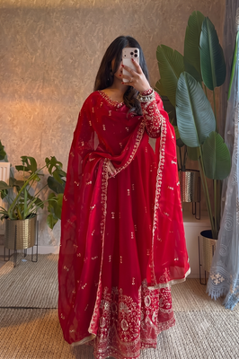 Designer red heavy embroidered anarkali kurta set with dupatta & pant 3